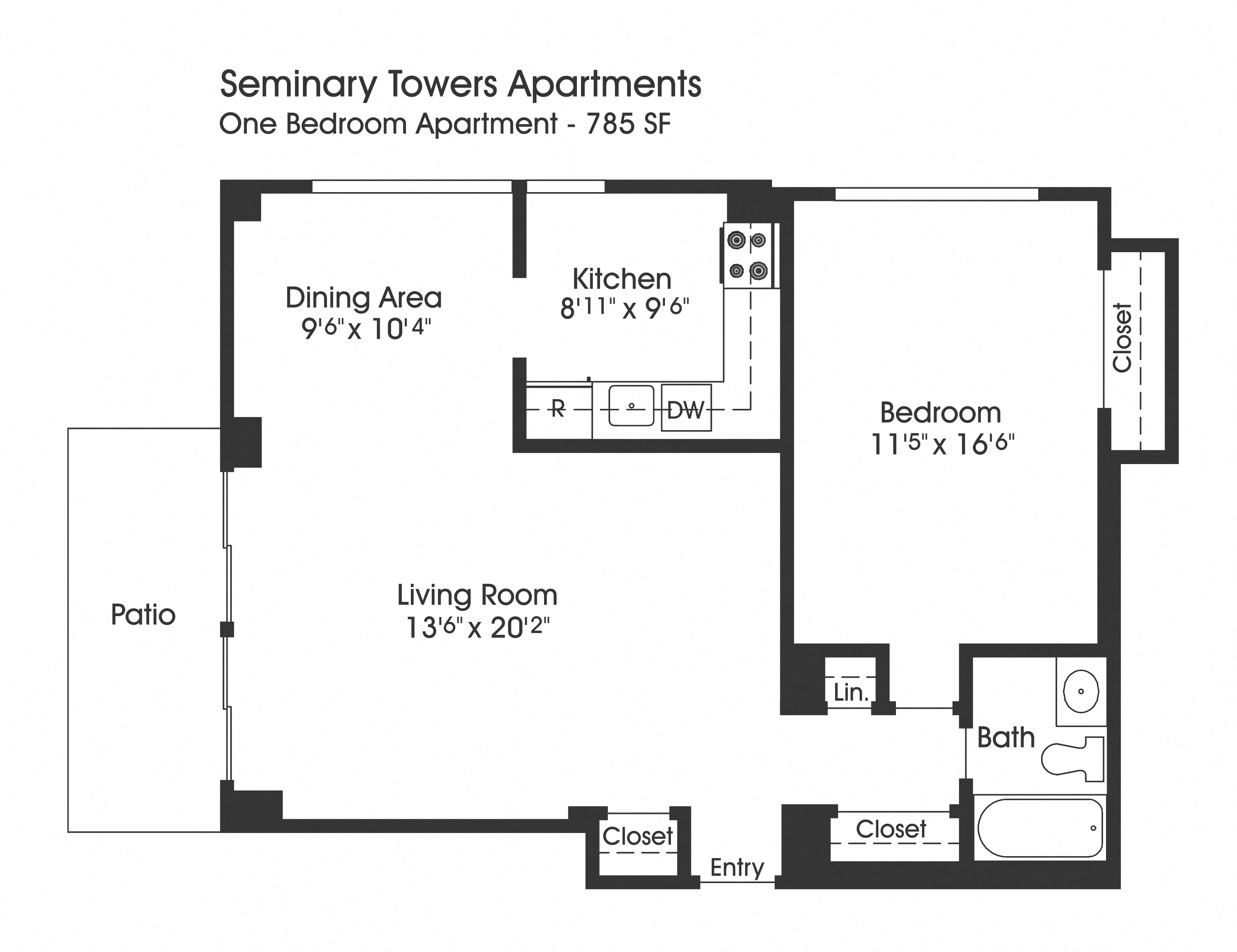 Floor plan for 1 bed, 1 bath, 785 sqft